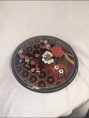 Round Floral Decorative Tray - Red, Black, White, Gold
